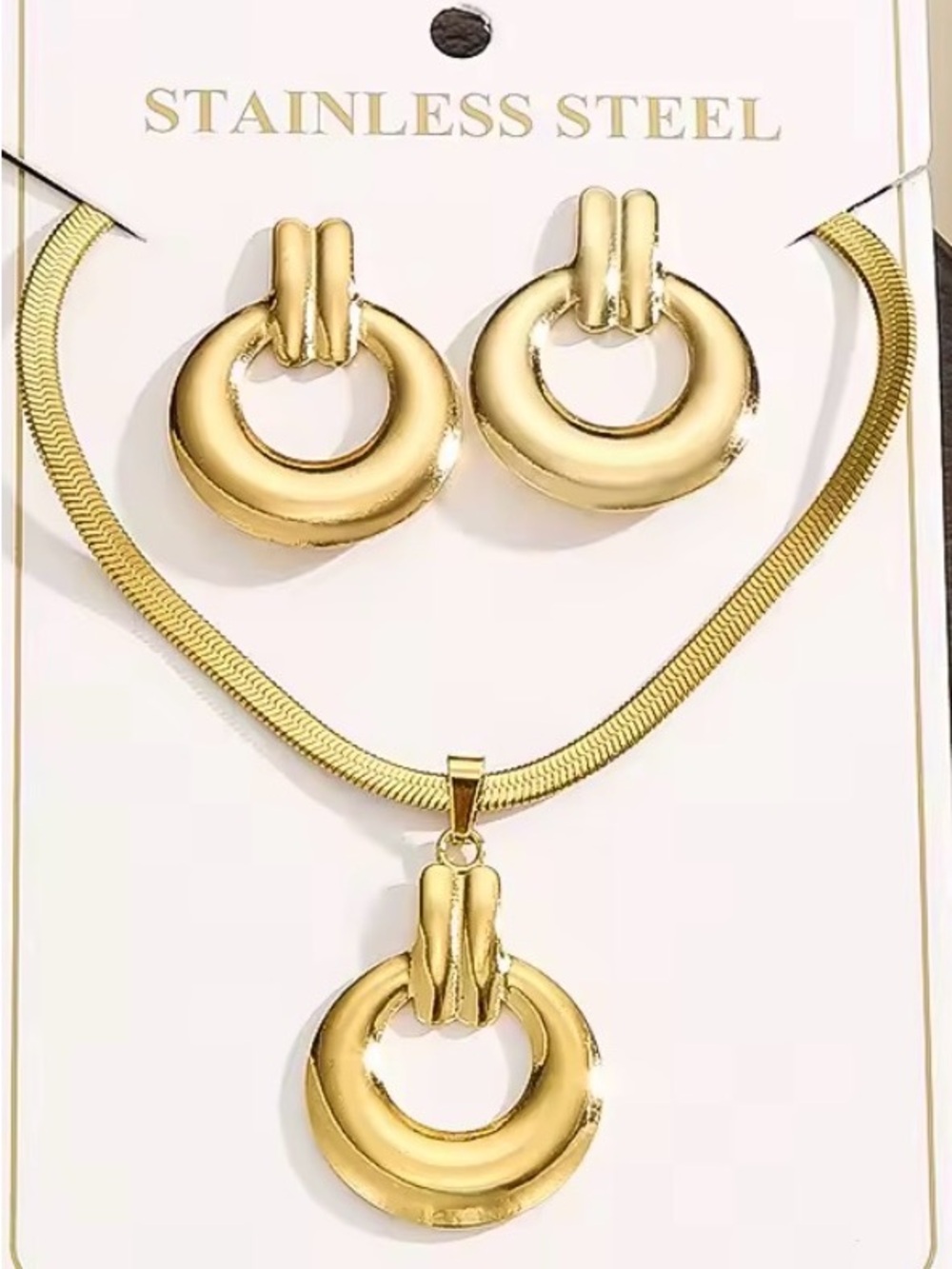 Gold Circle Pendant Necklace and Hoop Earring Set